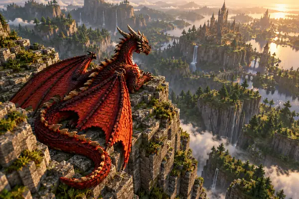 Small dramatic red dragon resting on a rocky Minecraft-style cliff, viewed from above.