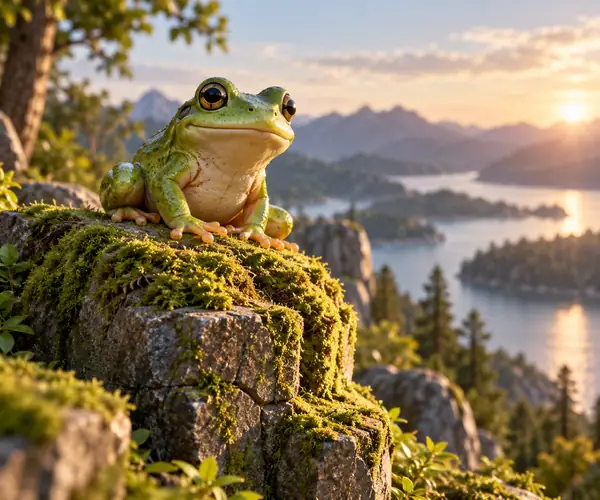 Small friendly green frog sculpture perched on a mossy blocky rock.