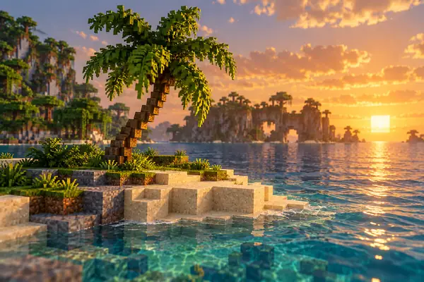 Small lush palm tree with a gently curved trunk on a tropical Minecraft-style island.