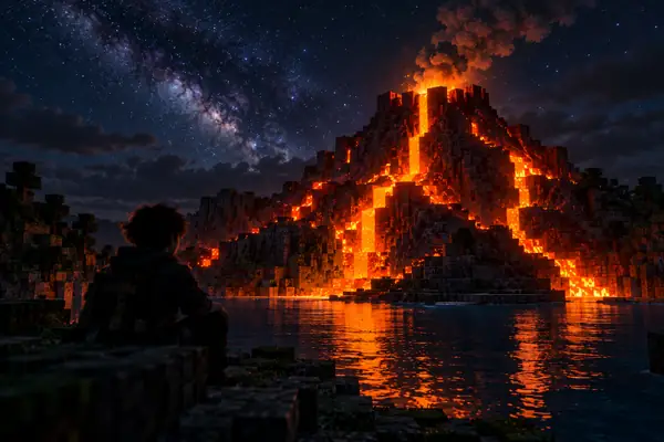 Small dark blocky volcano glowing with orange lava against a night sky.