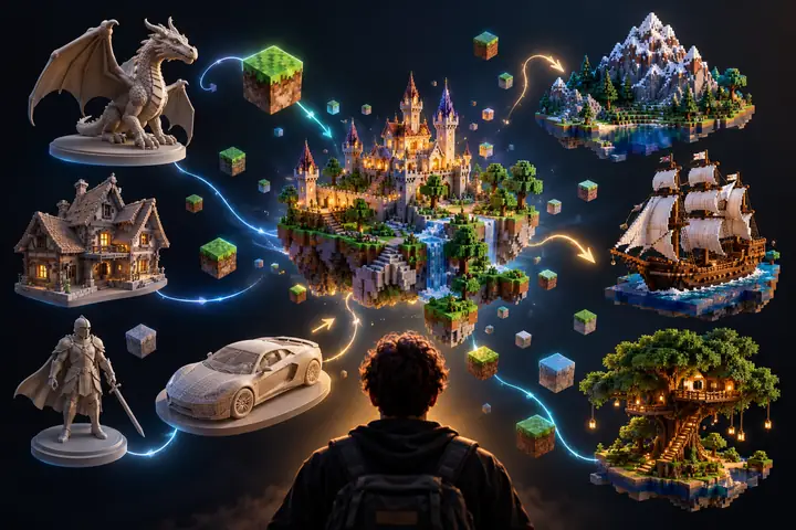 A neat constellation of small 3D modelling and Minecraft-style application icons on a dark canvas.