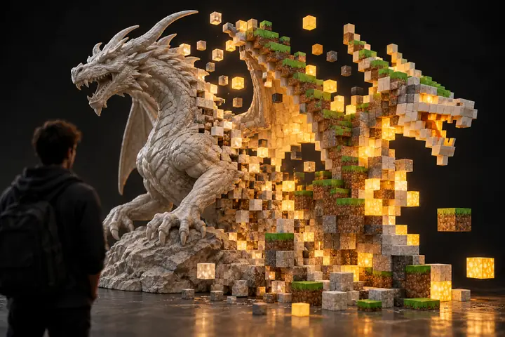A 3D object becoming a cluster of bright Minecraft blocks against a charcoal studio background.