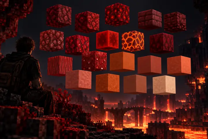 Floating red and terracotta Minecraft blocks arranged as a carefully chosen colour palette on a dark background.