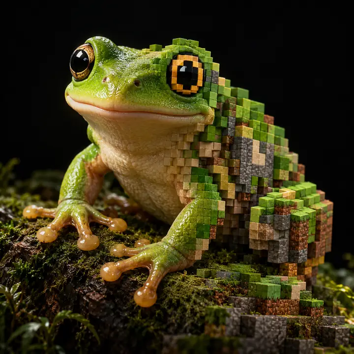 A friendly green tree frog fading into a detailed Minecraft block sculpture against a nearly black background, centered and softly lit.