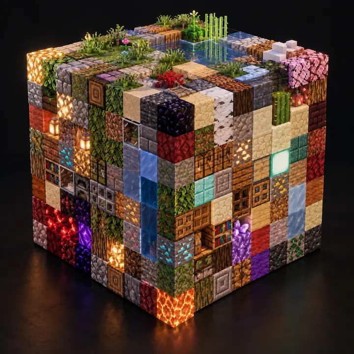 A cube assembled from many colourful and finely textured Minecraft blocks, isolated on a dark background.