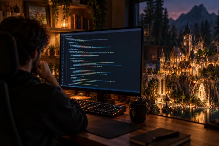 A dark code editor showing neatly arranged short lines for a Minecraft building workflow.