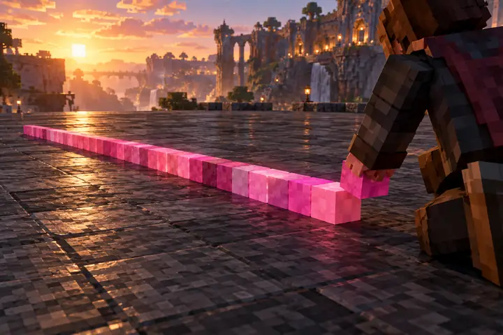 A pink strip of individually coloured voxels being placed on a broad dark stone Minecraft floor.