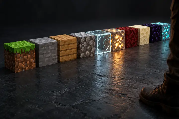 A tidy row of varied Minecraft block types, each with a distinct texture and colour, on dark charcoal.