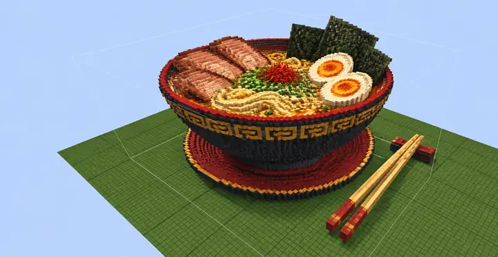 A block-built noodle bowl displayed inside a browser-based 3D editor.