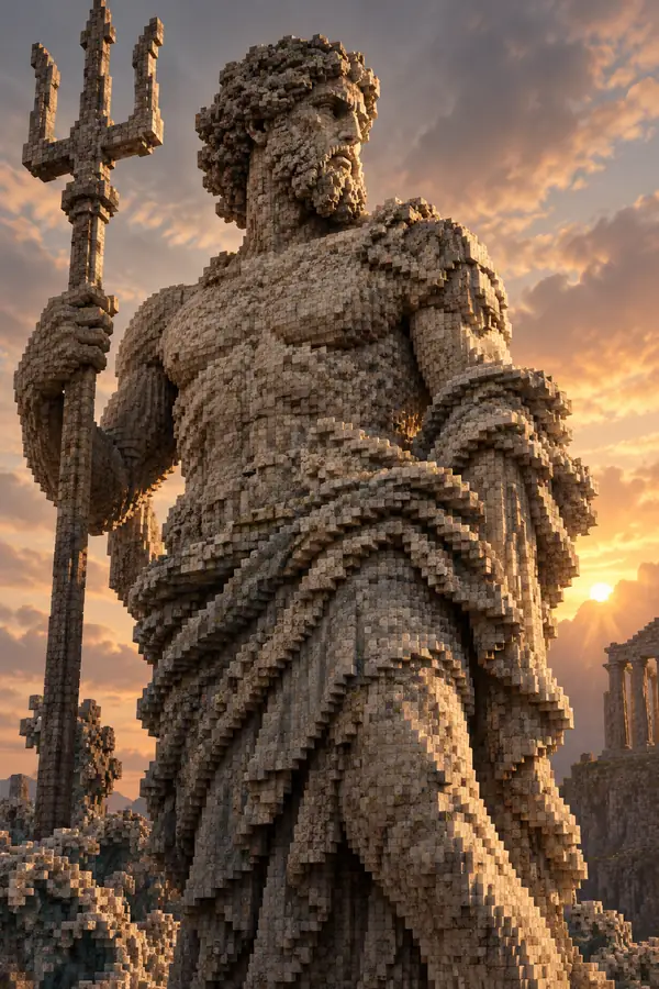 A classical stone figure recreated with closely fitted Minecraft blocks.
