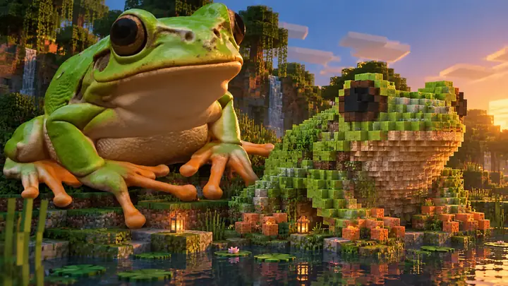 A green frog model beside its block-built counterpart in a Minecraft landscape.