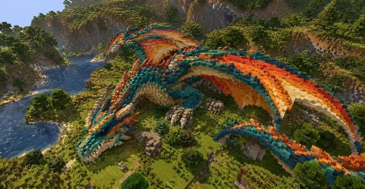 A large colourful block-built creature positioned in a Minecraft landscape.