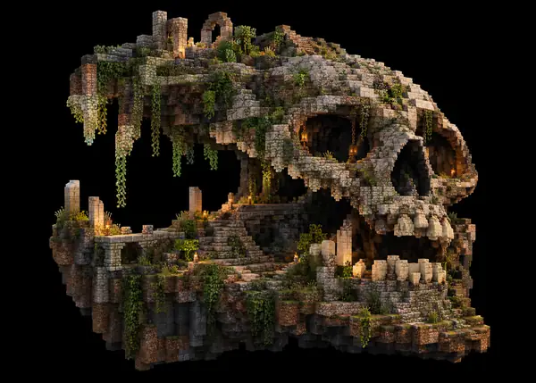 A large weathered skull sculpture built from detailed Minecraft blocks.