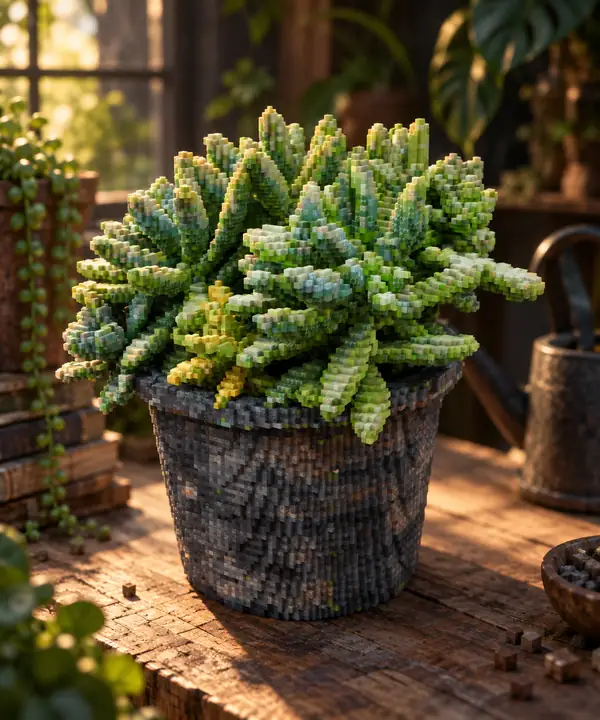 A leafy green succulent in a dark pot recreated in tiny Minecraft blocks.