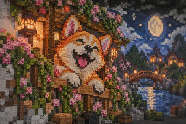 A playful illustrated scene interpreted with a dense mosaic of Minecraft blocks.