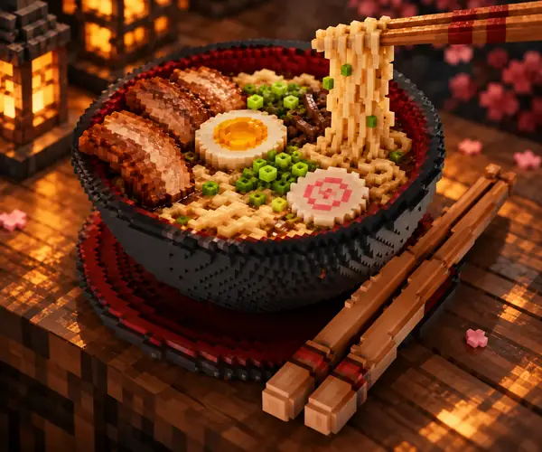 A richly detailed bowl of noodles and chopsticks made from Minecraft blocks.