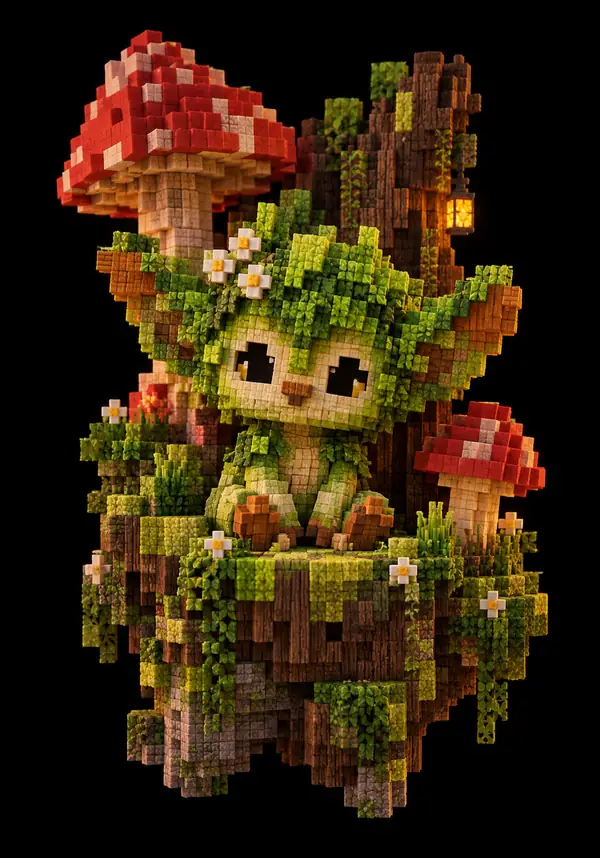 A small green woodland character recreated as a colourful block sculpture.